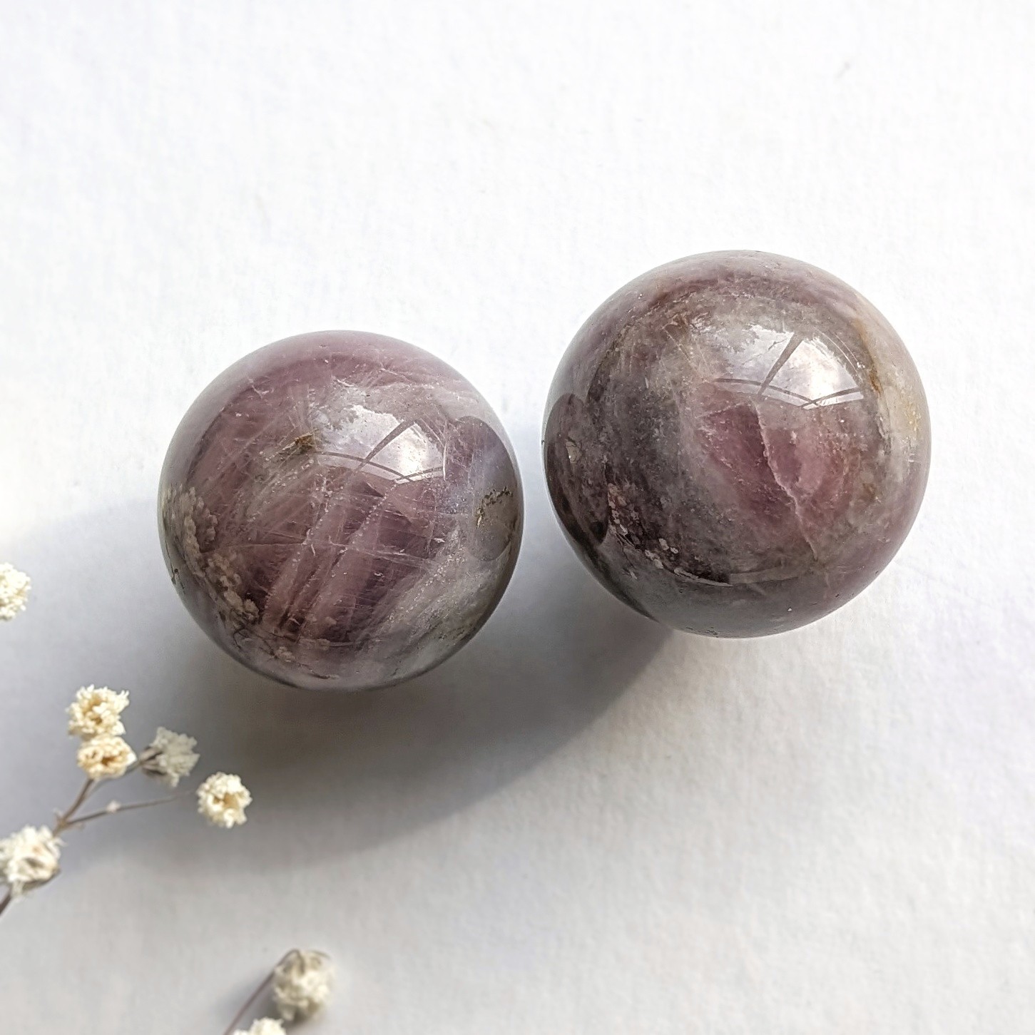 duo of 31mm lavender rose quartz sphere with chatoyancy, purple rose quartz