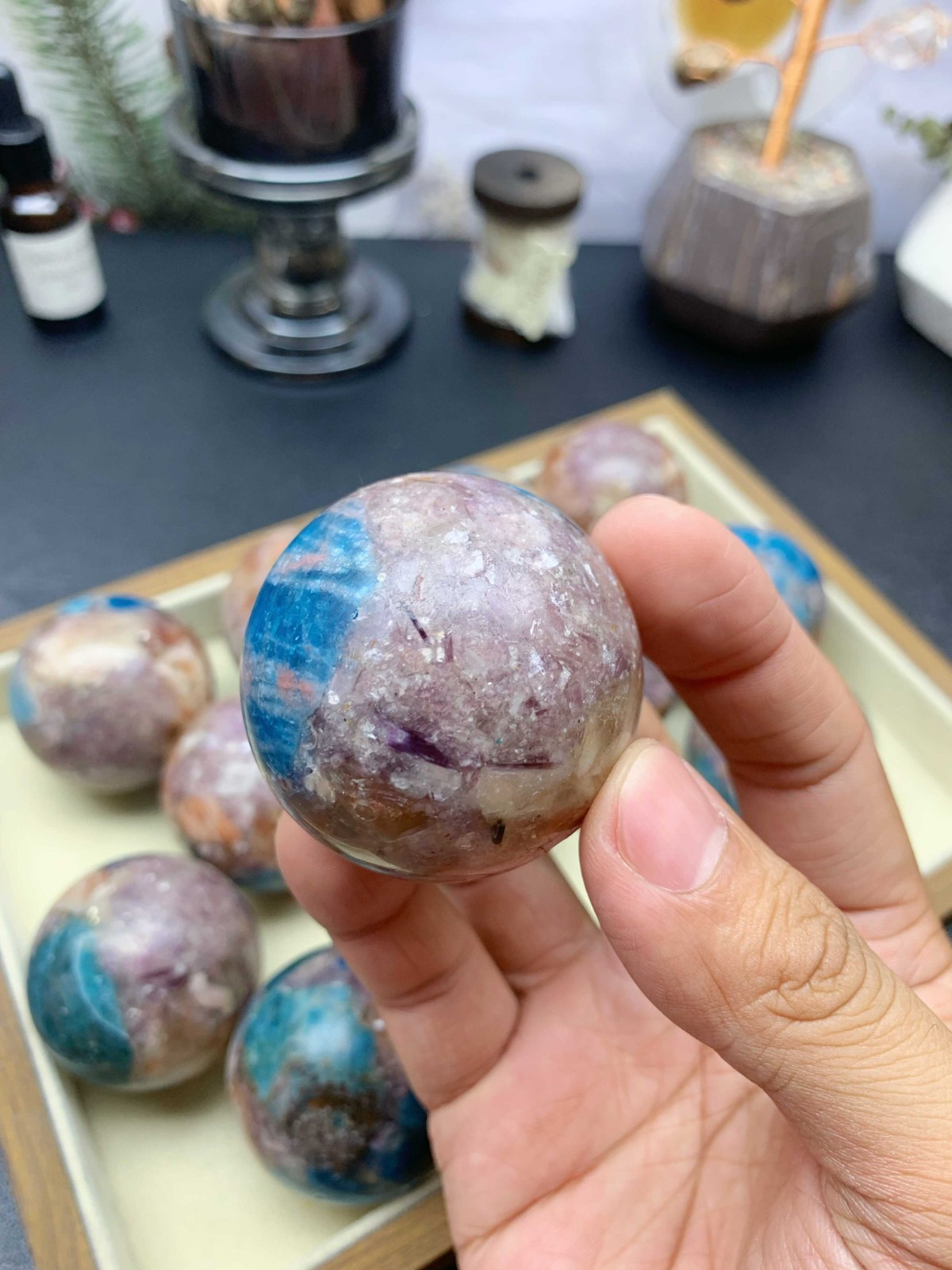 5cm Crystal Ball, Blue Apatite Sunstone Purple Mica Resin Composite Wooden Stand