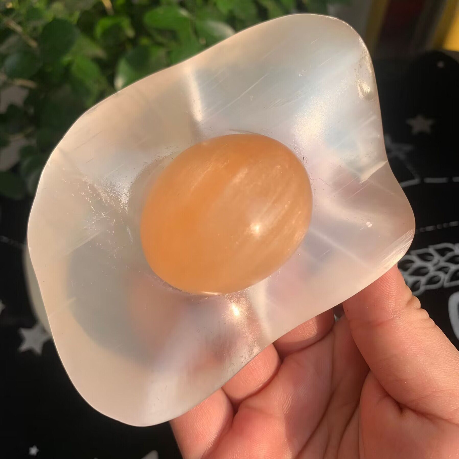 205g Selenite Stone Pan Fried Egg Carving Quartz Crystal Collection Healing