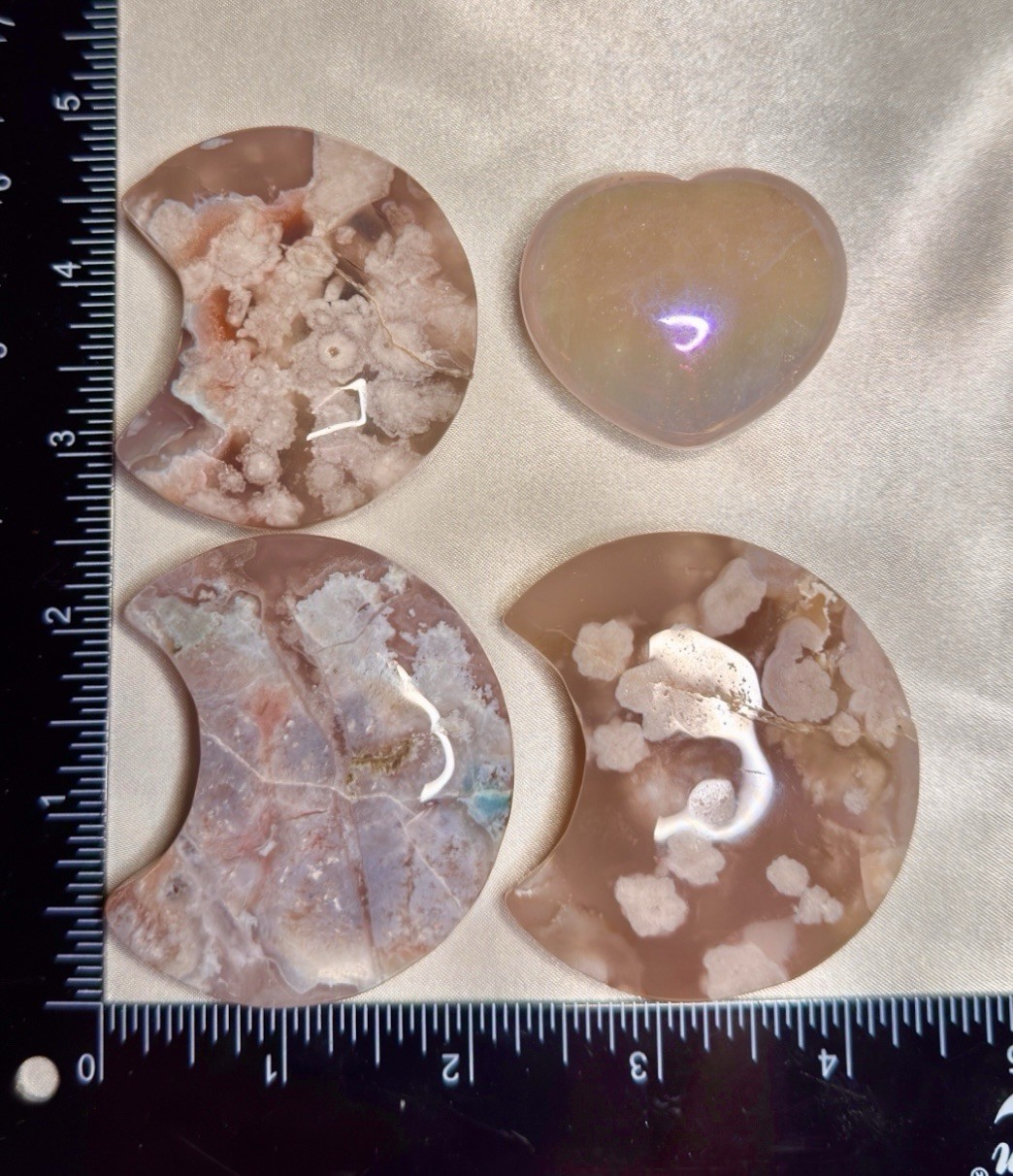 Pink Flower Agate Crescent Moon Set Aura Rose Quartz Heart Crystal Bundle 4pc