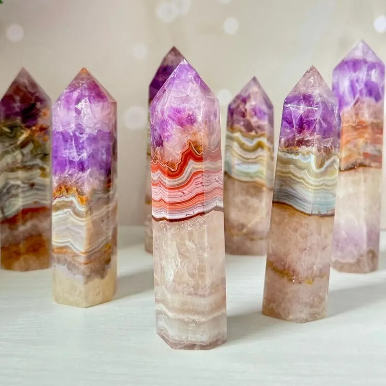 Crystal Tower Point Amethyst Lace Agate Obelisk Healing Crystal Collection Gift
