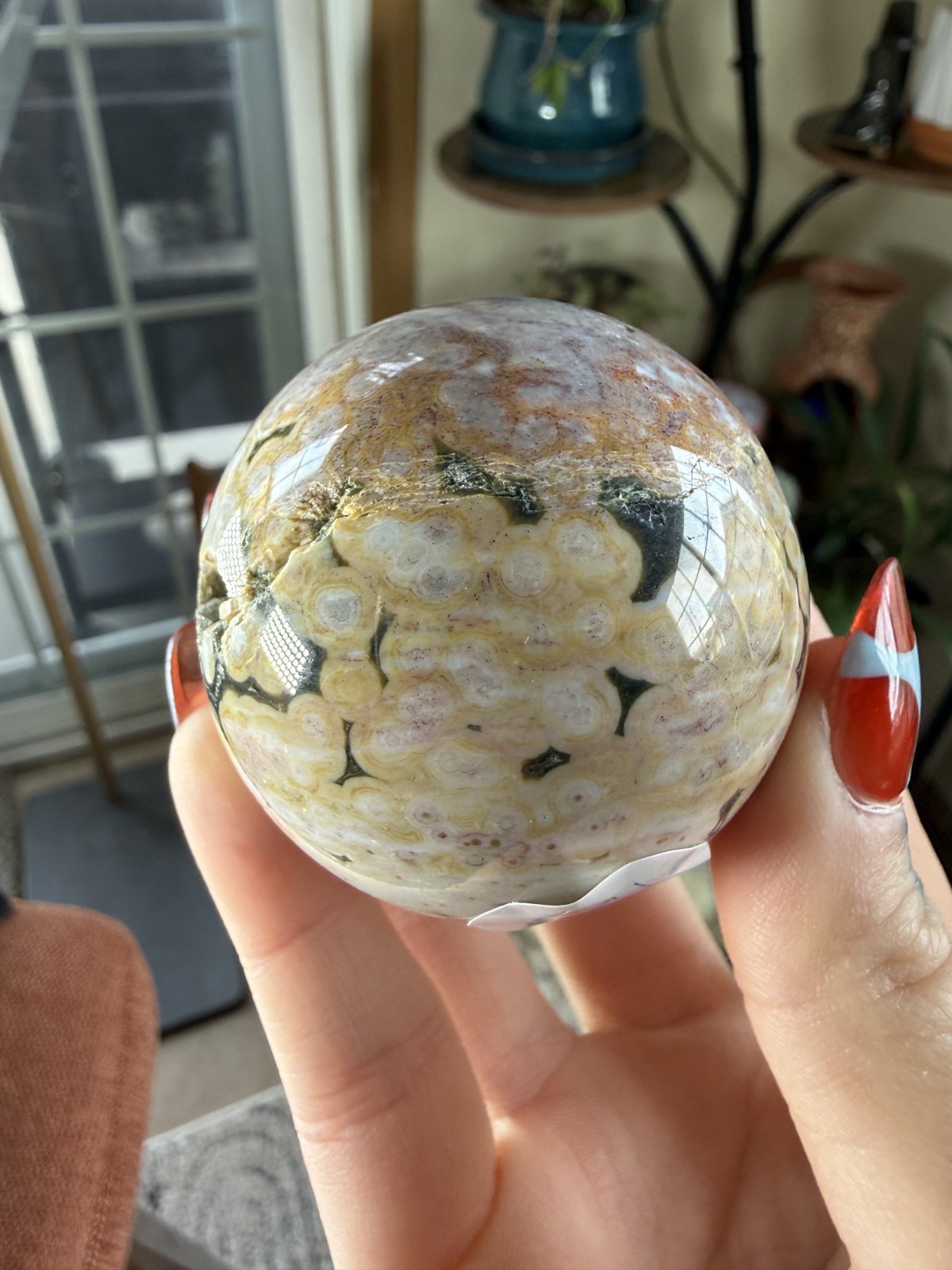 8th Vein Ocean Jasper Sphere – Pink, Green, Gold & White – Druzy Caves – 5.47 oz