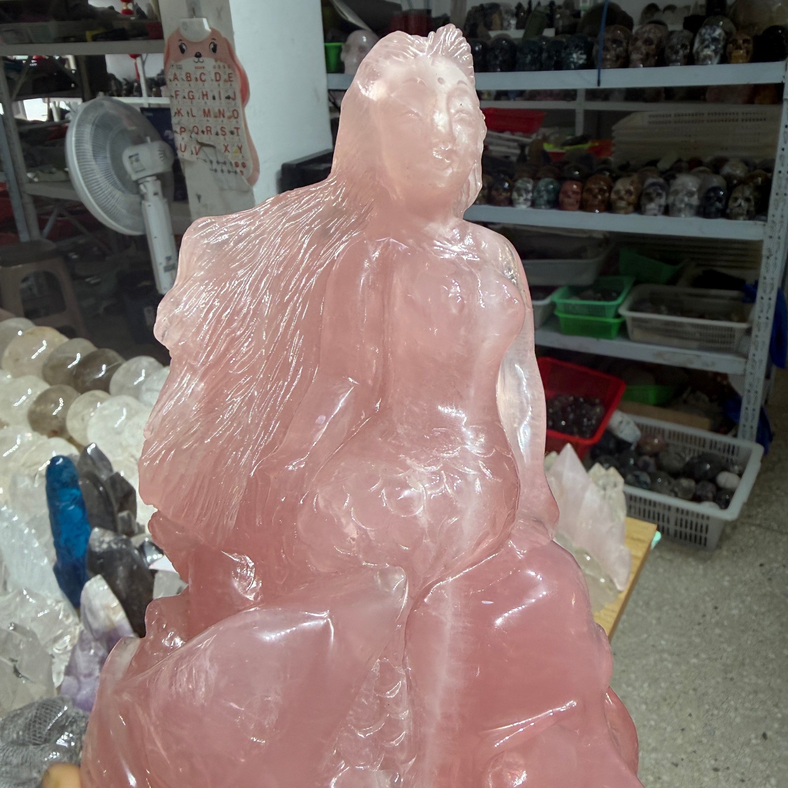 5.58LB Natural rose quartz Carved Crystal mermaid Skull Reiki Healing Decor