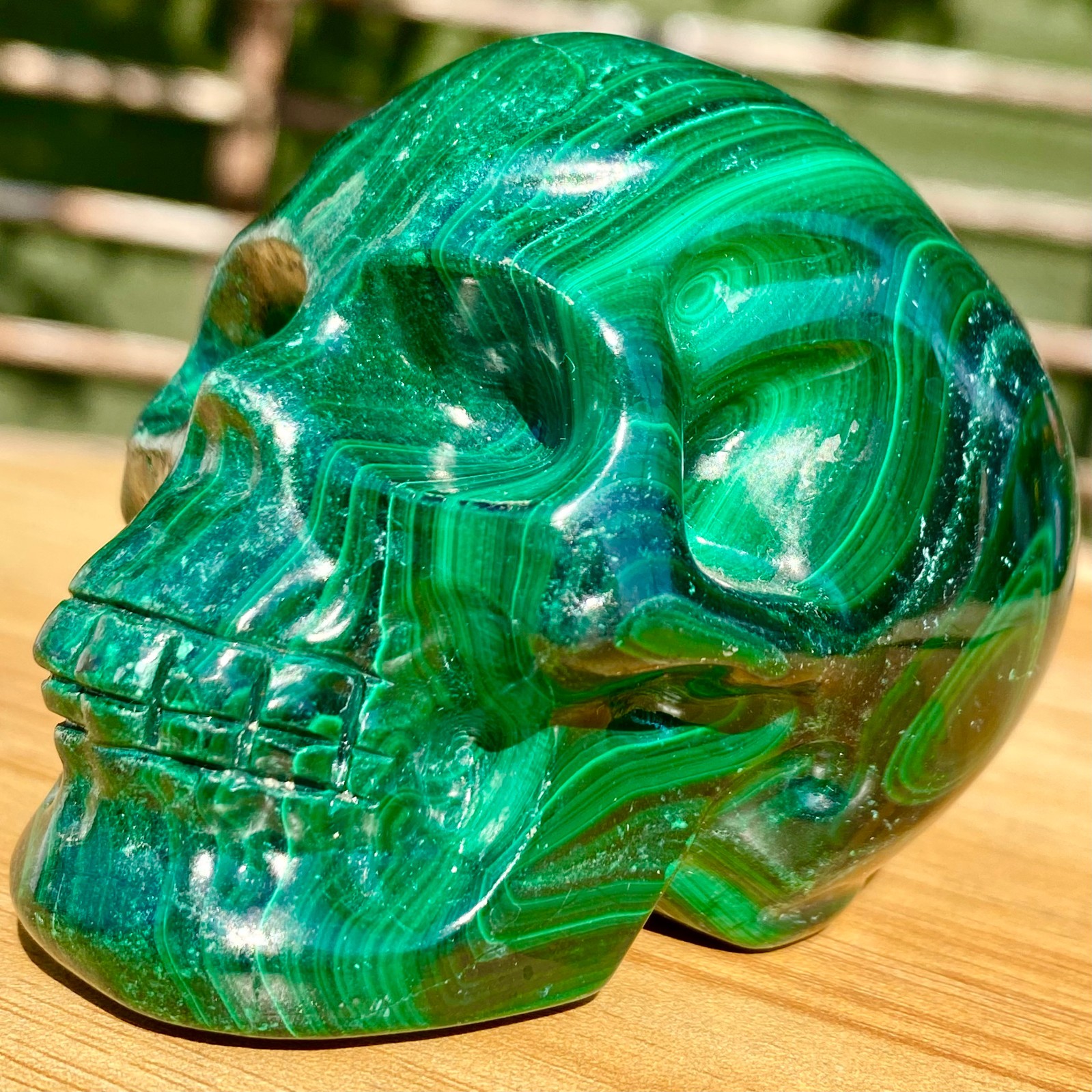 391G Malachite Crystal Skull, Hand Carved Gemstone Fine Art Sculpture