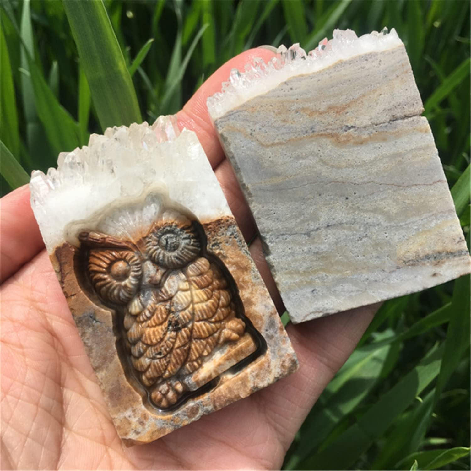 Self-Standing Natural Clear Irregular Cluster Owl Crystal Statue Quartz Sculptur