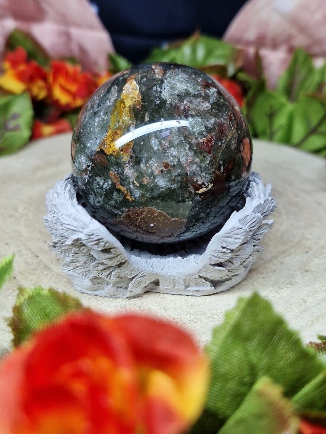 Beautiful Garden Quartz Crystal Sphere 5cm 176g & Handmade Wing Holder