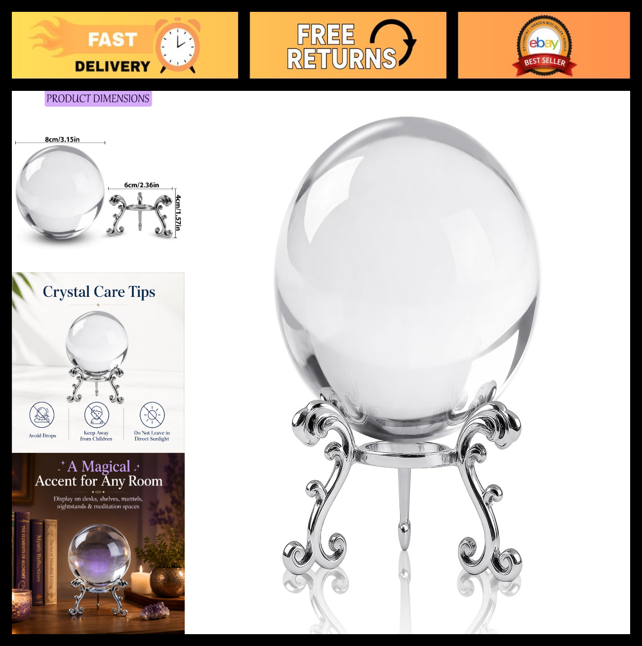 80mm Clear K9 Crystal Sphere Ball with Stand – Reflective Photography Prop & Hom