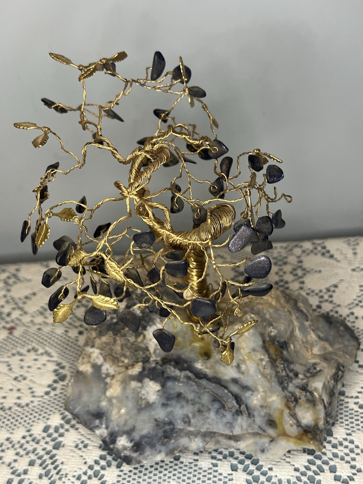 Vintage MCM Gemstone Twisted Brass Wire Tree of Life Bonsai – V3