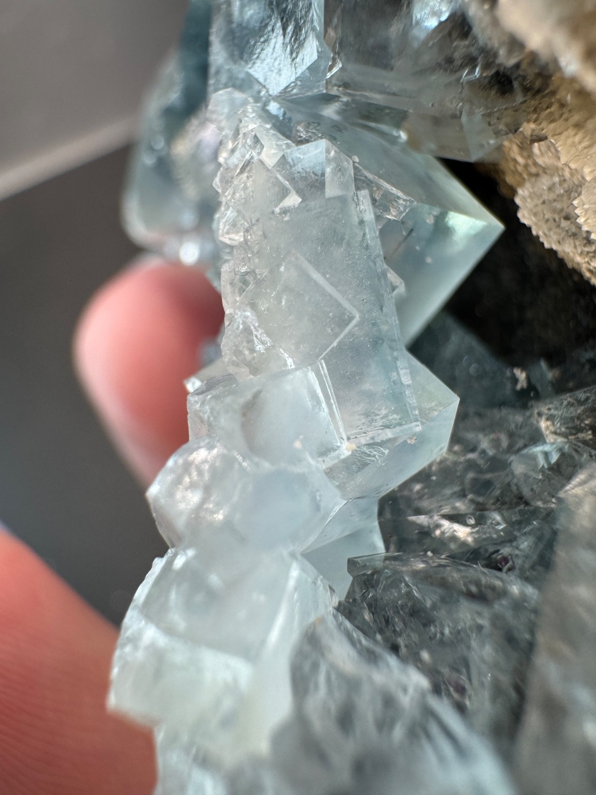 6514 Clear Blue Green Cubic Fluorite on Druzy Quartz Fu Jian 105g