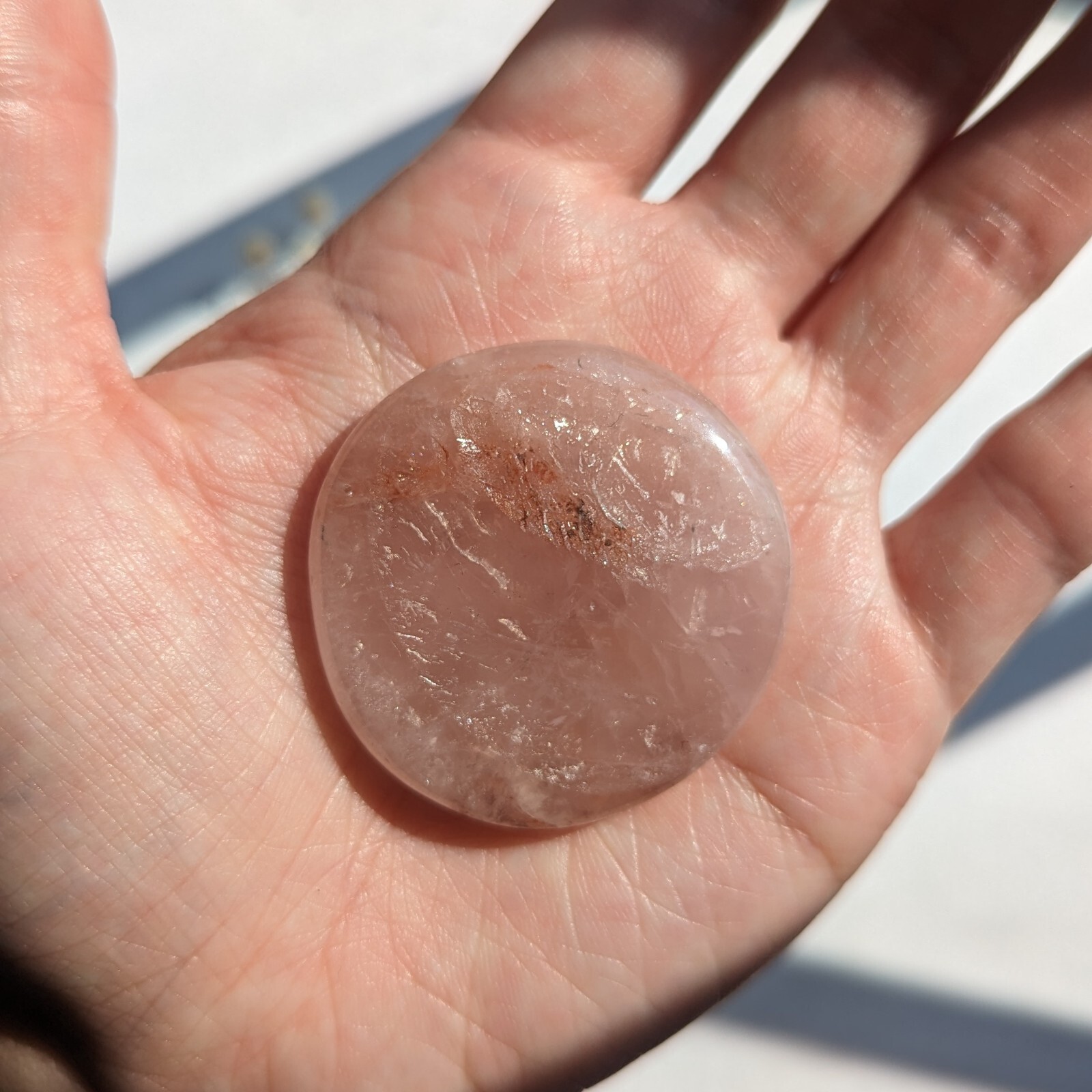 1.5″ rose quartz flat disk with iron inclusion, rose quartz crystal flat stone