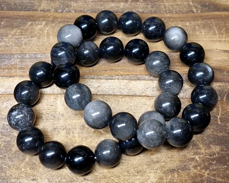 Silver Sheen Obsidian Crystal 12mm Bead Stretch Bracelet 20.4cm Or 19.2cm
