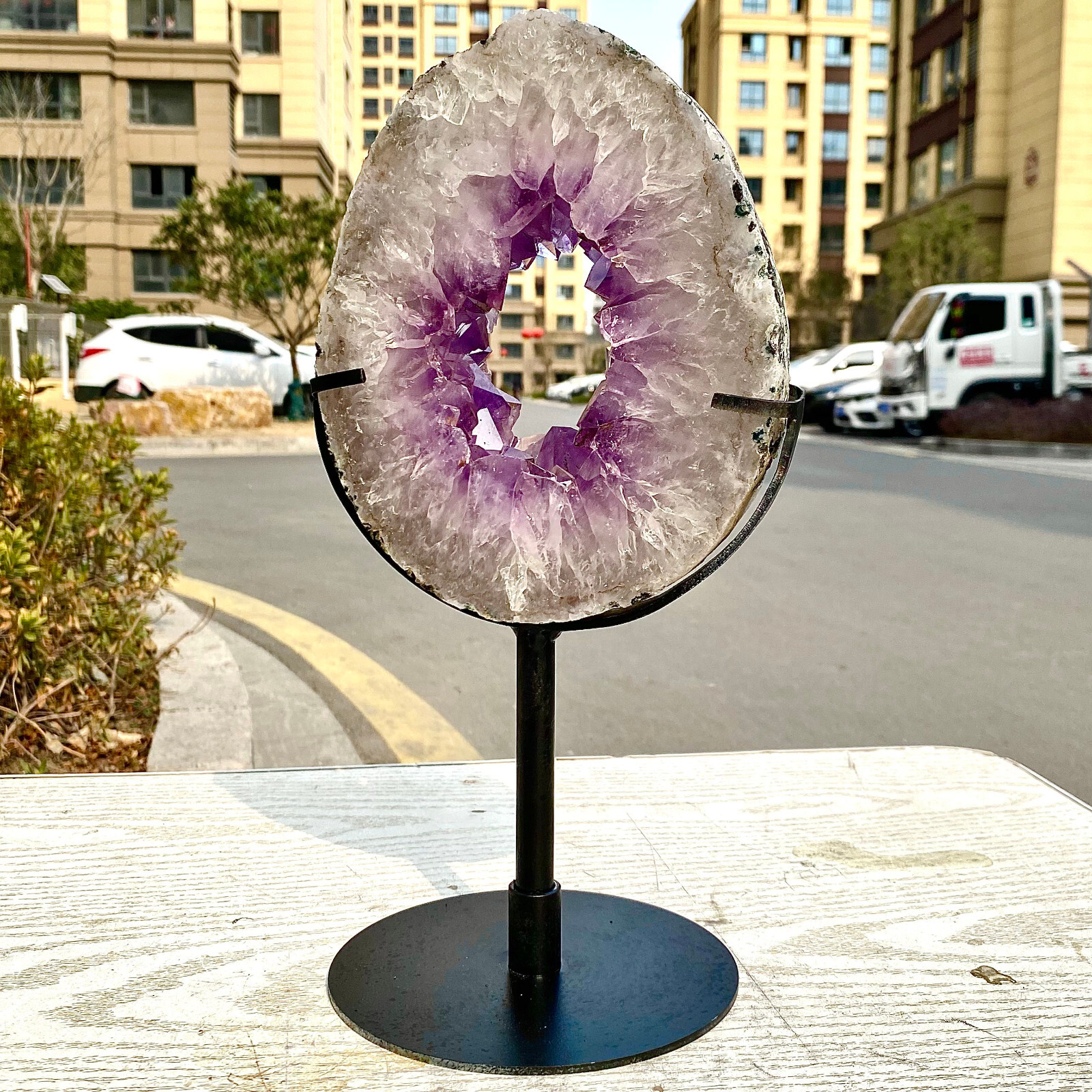 4.29LB Natural Amethyst Cave Crystal Slice Crescent shaped Hand Cut Repai