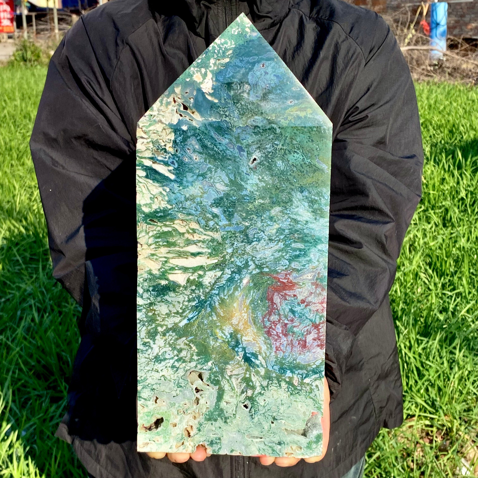 7.73LB Natural green moss agate quartz crystal obelisk aura healing
