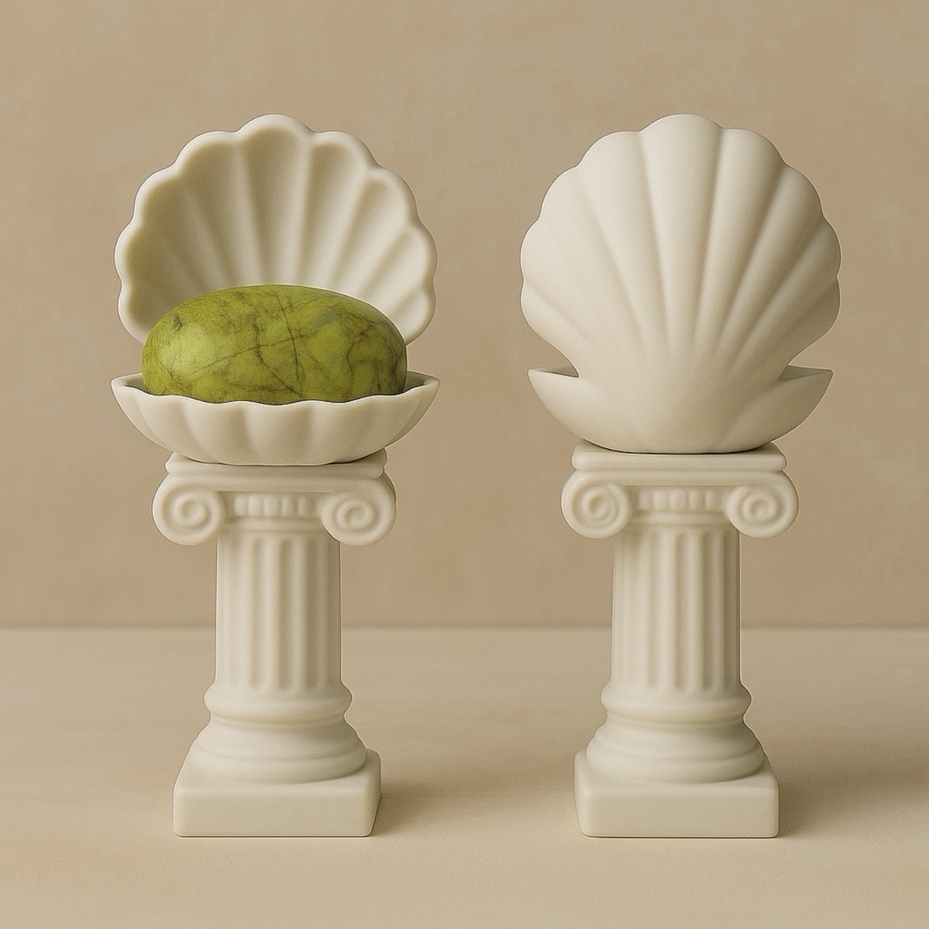 Venus Shell Pedestal Palm Stone Holder with Included Green Opal Crystal