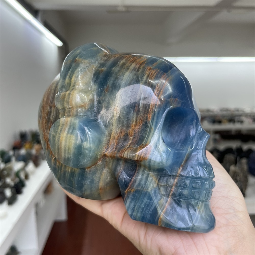 3.2LB 4.7″ Natural Blue Onyx Skull Carved Crystal Quartz Healing Home Decor
