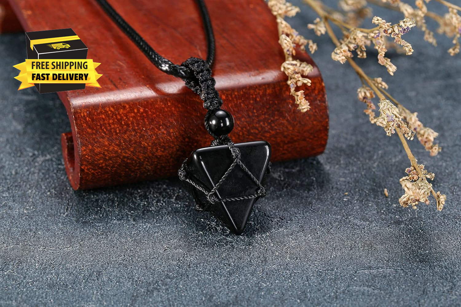 Healing Crystal Necklace Natural Black Obsidian Pyramid Gemstone Stone Pendant N
