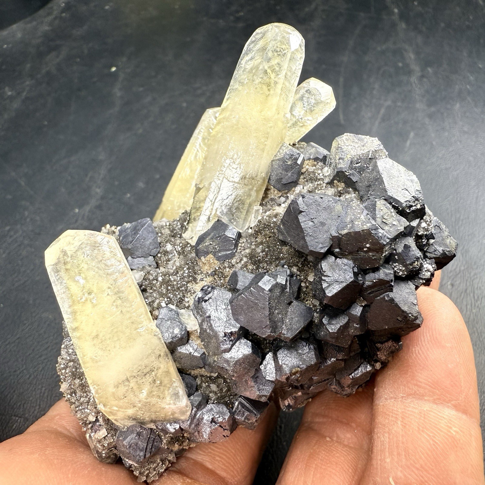 Golden Calcite Crystals on Galena Dolomite Matrix / Missouri