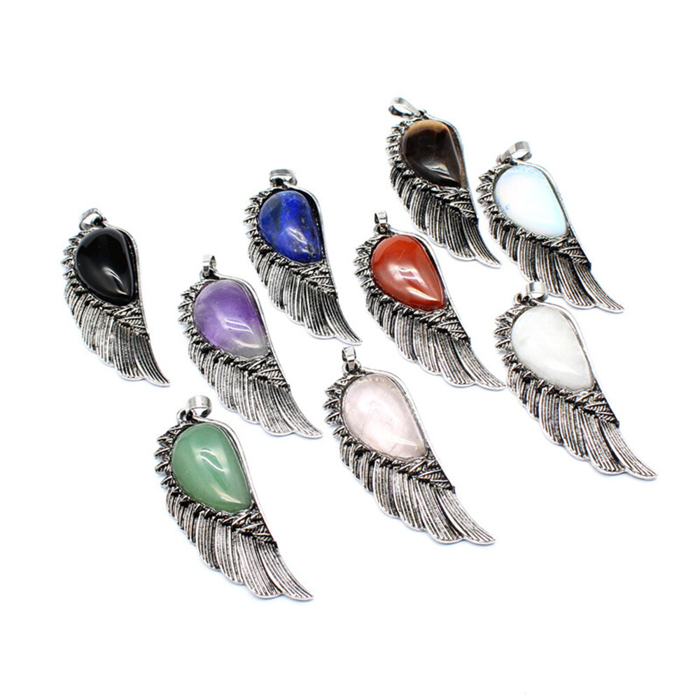Chakra Gemstone Crystal Angel Wing Pendant Luck Energy Reiki Healing Amulet Gift
