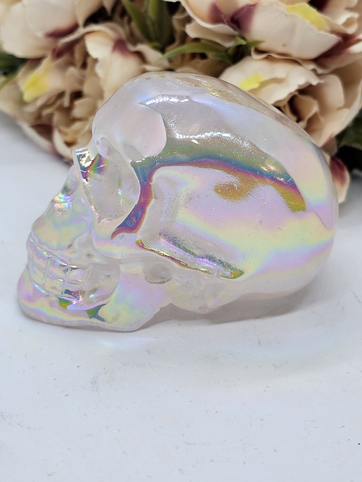 *SALE* Angel Aura Rose Quartz Rainbow crystal Skull 281g 5x7x4.8cm