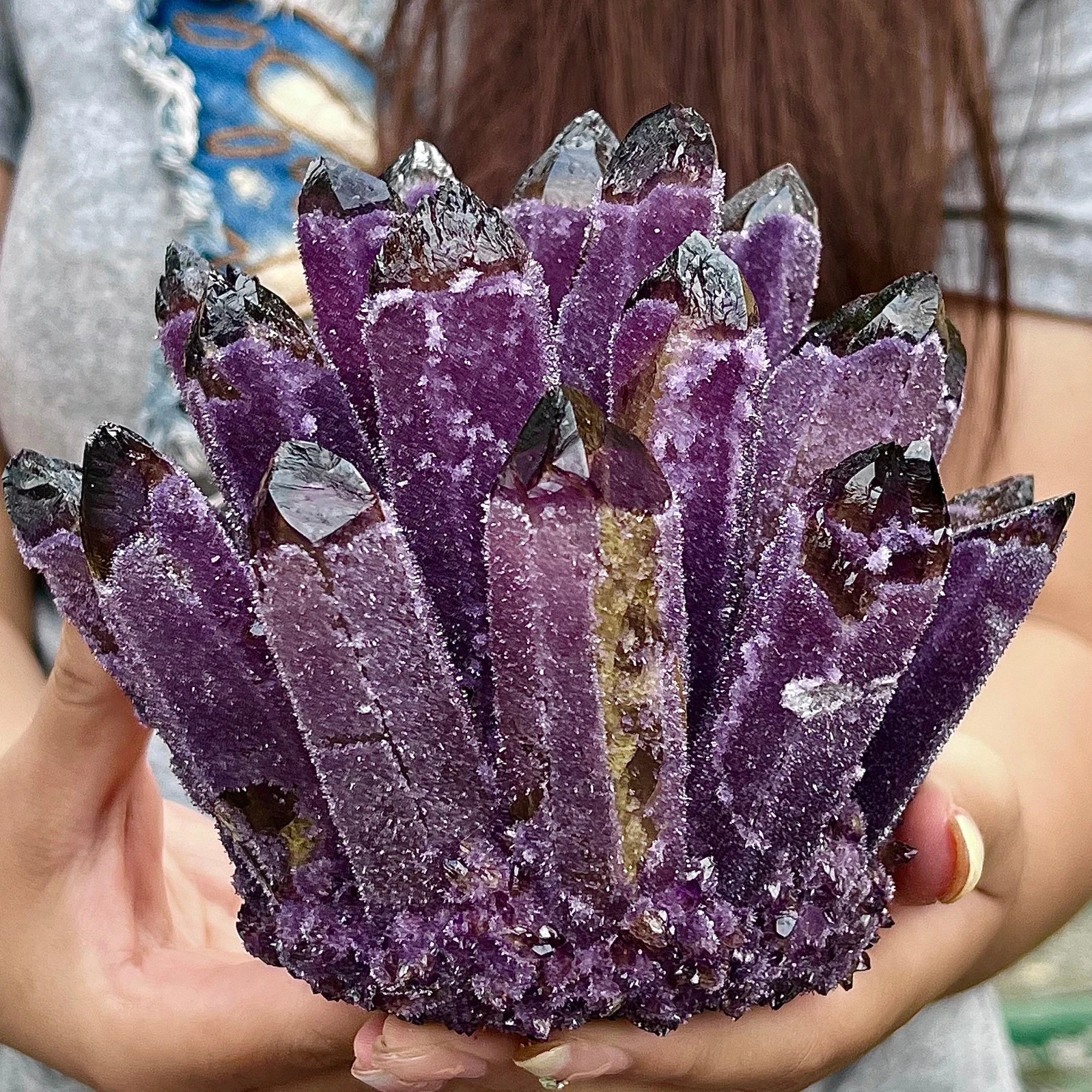 2.2lb Natural Dark Purple Phantom Cluster Titanium Geode Quartz Crystal Ornament