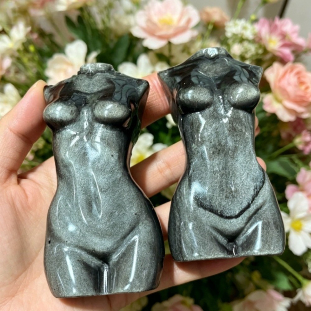 Natural Silver Obsidian Male & Female Pair Body Torso Human Model Crystal 2pcs