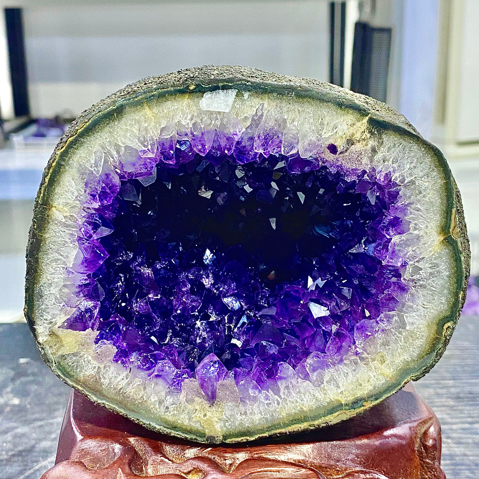 6.09LB Uruguay Natural Amethyst Money Bag Cave Decoration+Bracket