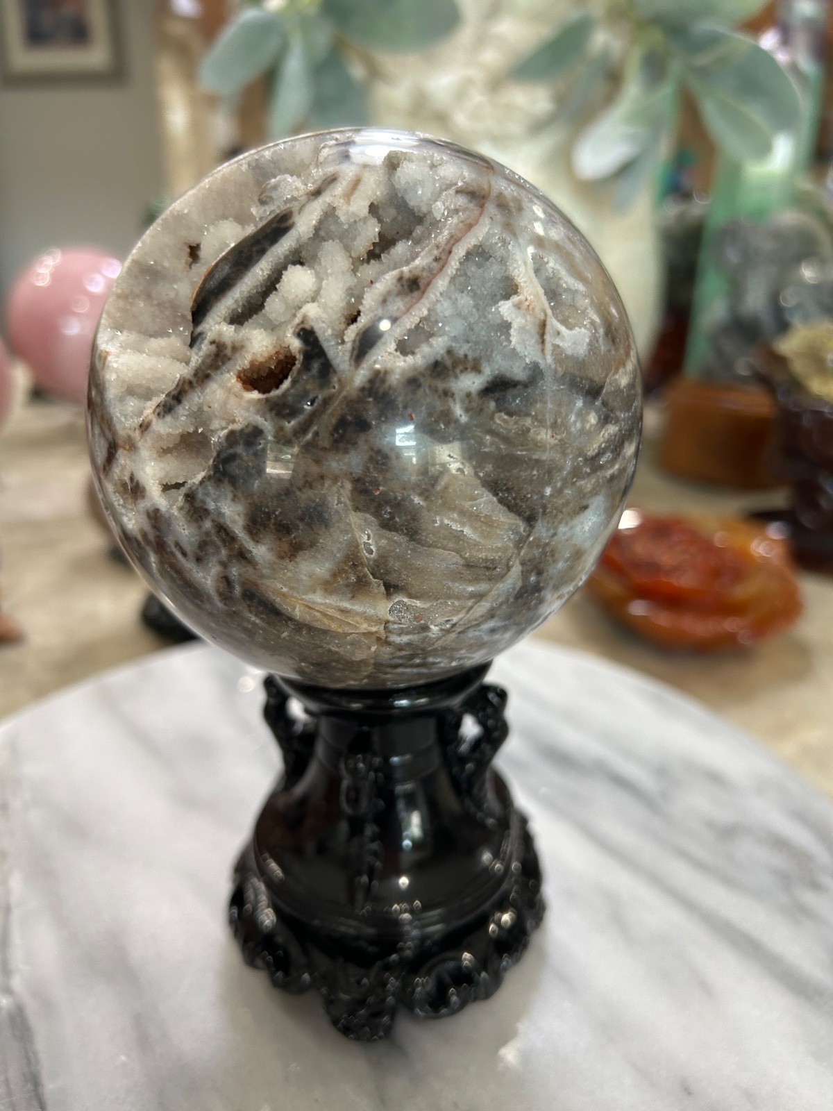 Sphalerite druzy sphere with stand 4” large