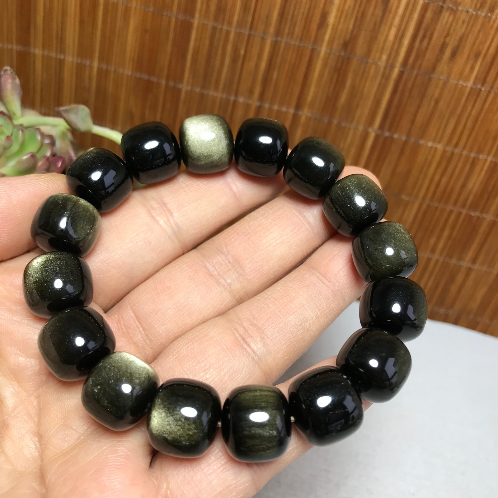 14-12mm Natural Polished Obsidian bracelets Crystal Bucket bead Specimen A4066