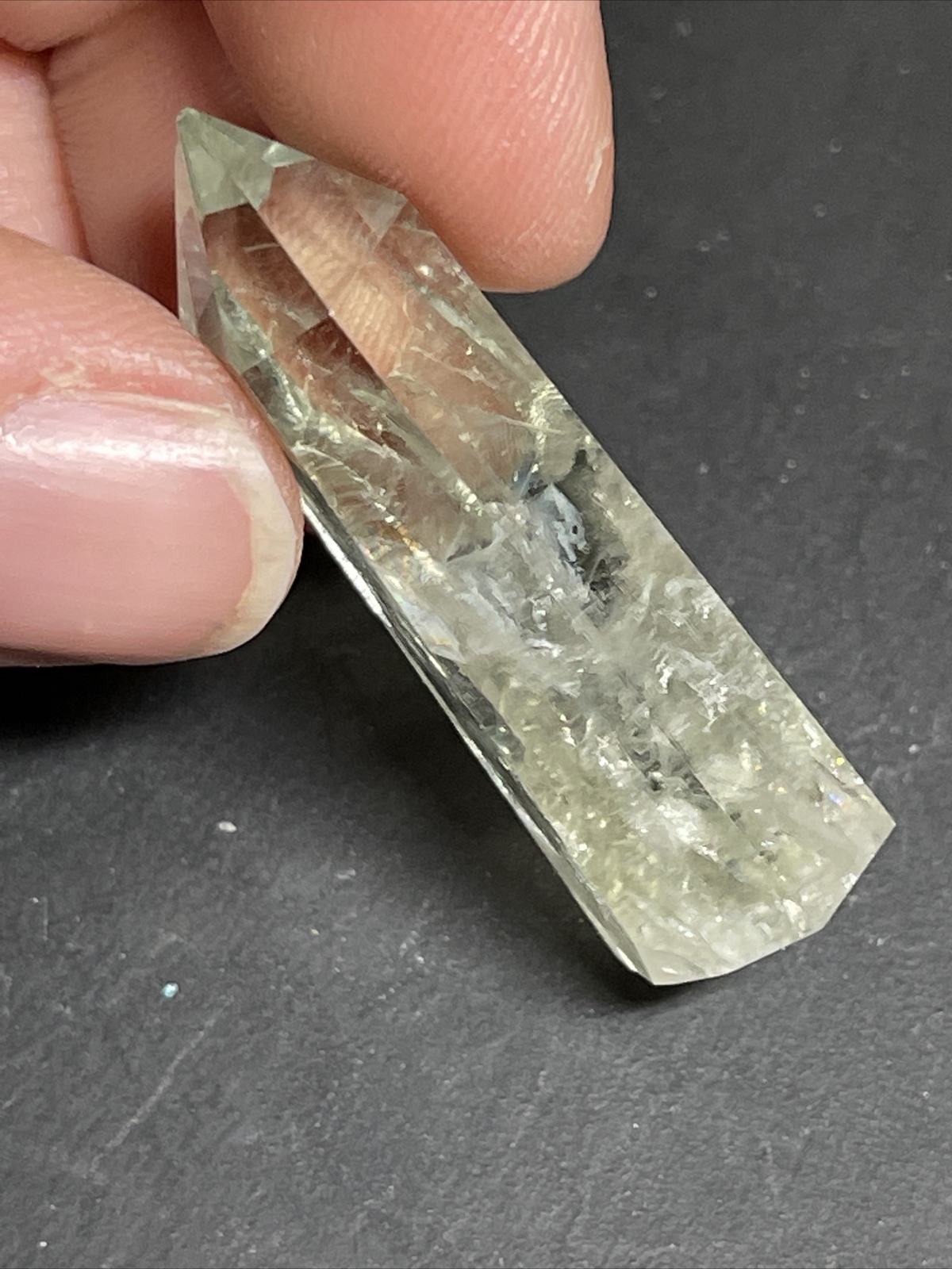 Prasiolite Green Amethyst Tower Point with Rainbows 1.58in Tall 9g