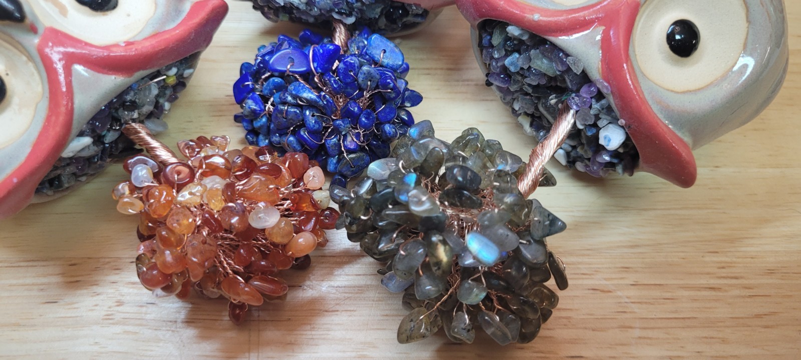 3 Stone Trees/Ceramic Owls/Labradorite/Carnelian/Lapis Lazuli