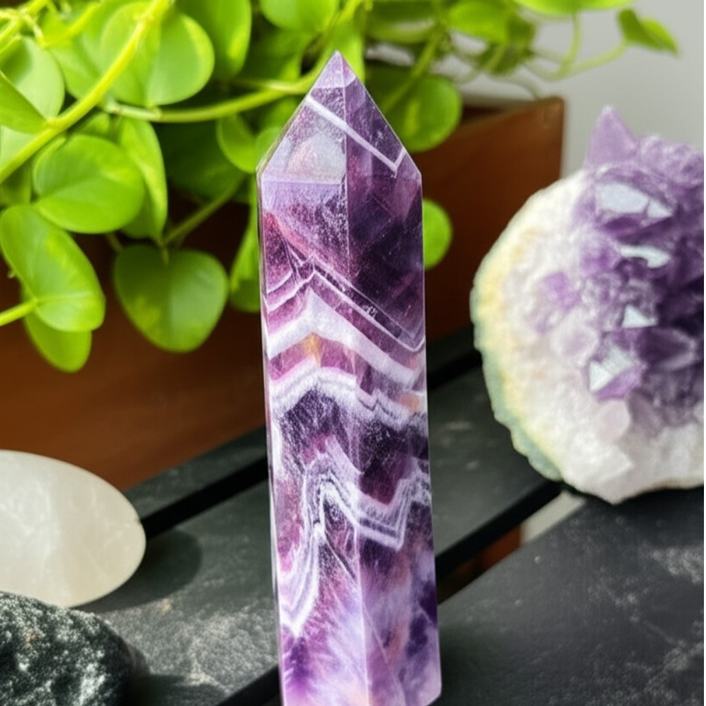 Natural Chevron Amethyst Crystal Tower Point Wand Healing Obelisk Home Decor