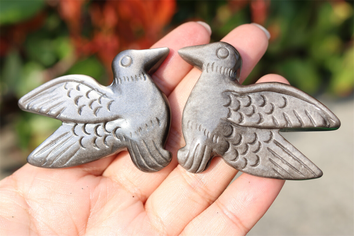 2.3” Natural Silver obsidian Hummingbird Hand Carved Crystal figurine gift 1pc