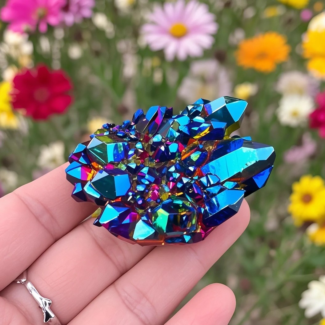 Rainbow Angel Aura Quartz Geode – Natural Titanium Crystal Cluster Specimen Gift