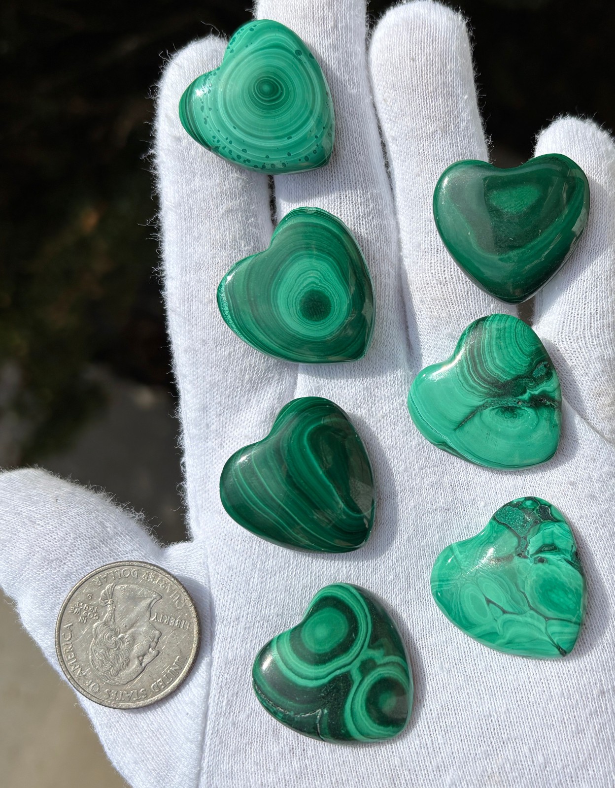 USA SALE 67g LOT 7 MALACHITE POLISHED SMALL HEARTS HEART POCKET PALMSTONE PALM