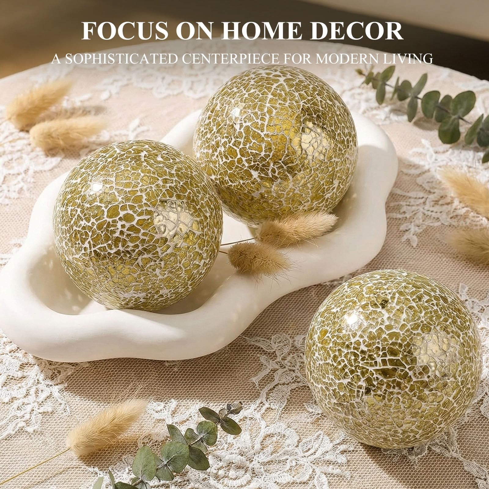 DomeStar 3PCS Decorative Balls, Mosaic Glass Orbs Centerpiece Medium, Gold