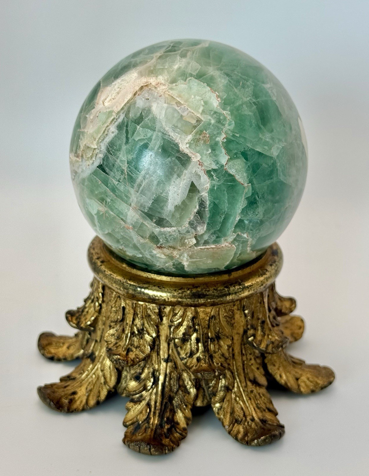Green Fluorite Crystal Sphere / Crystal Ball On Ornate Antique Gilded Base