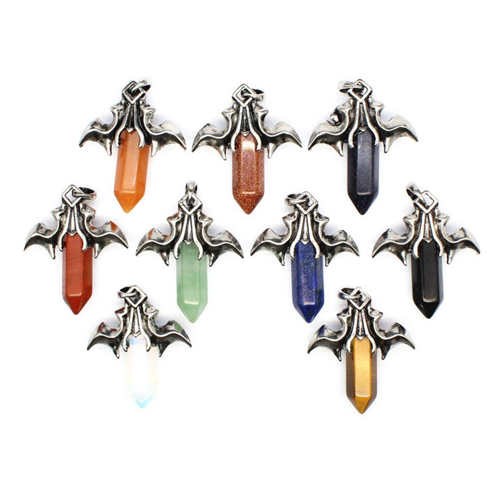 1pc Natural Crystal Hexagon Quartz Stone Bat Wing Pendant Point Column Healing