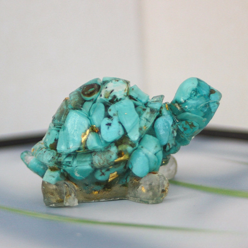 Natural Turquoise Quartz Crystal Longevity Turtle Carved Mini Gravel Resin Decor