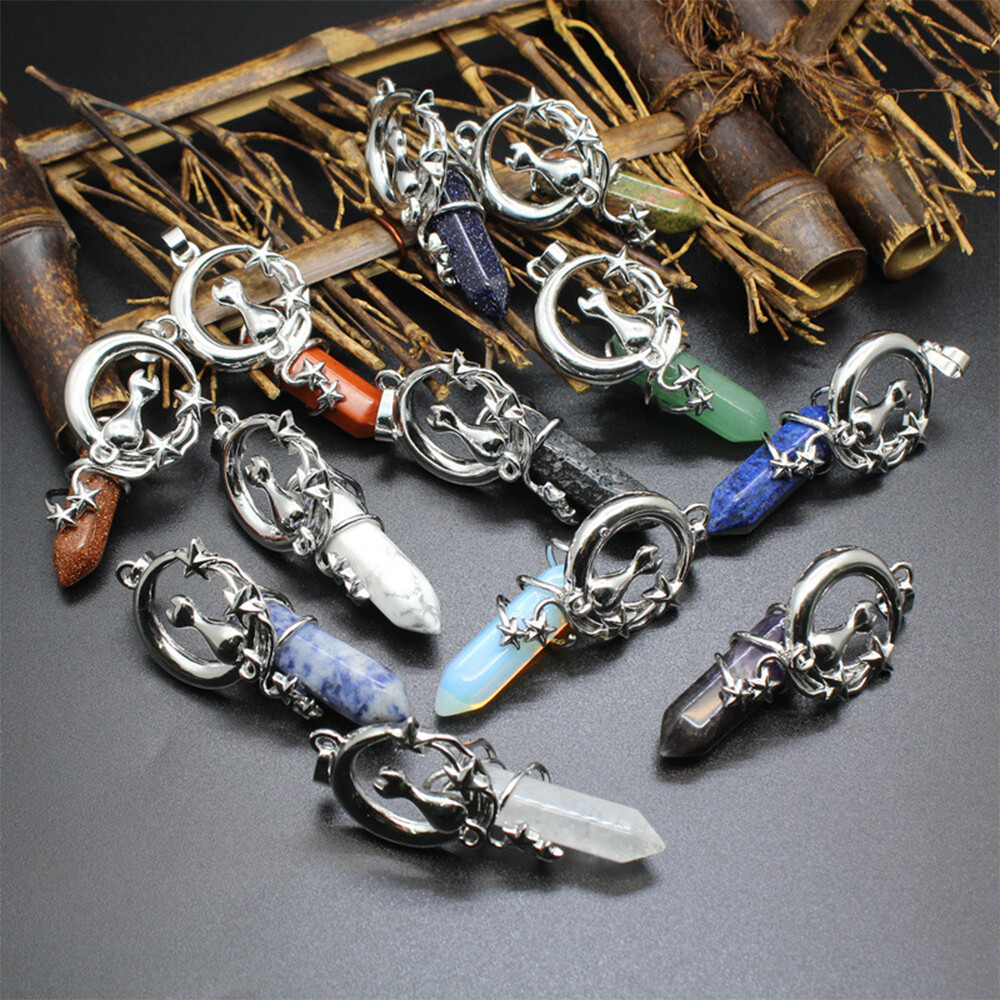 Women Silver Cat Alloy Hexagonal Pointed Gemstone Pendant for Making Jewelry