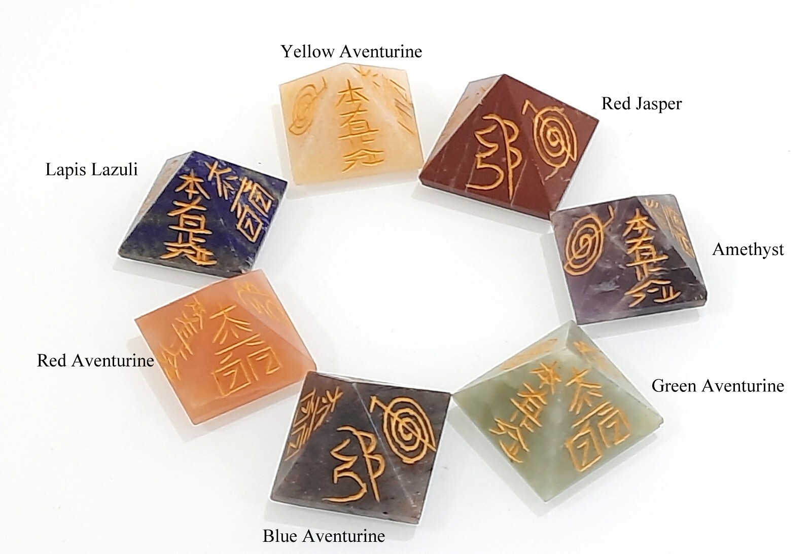 Reiki Sign Engraved Chakra Stone Pyramid Set 7 Chakra Reiki Pyramid Set