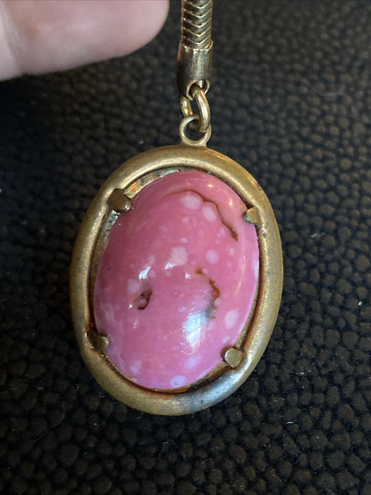 Vintage Pink RHODONITE Heart Gemstone Polished Cabochon Keychain Fob Oval Brass