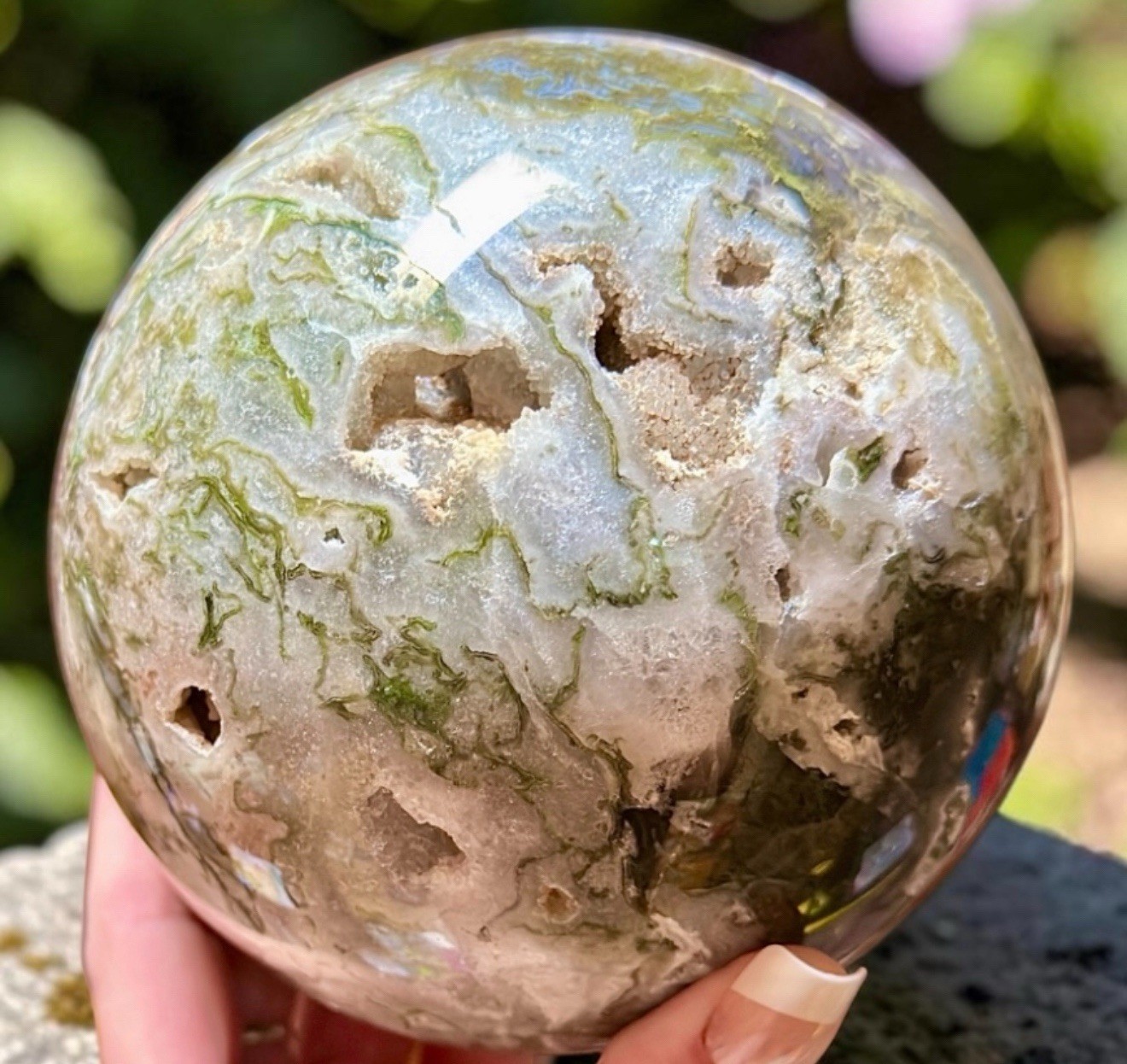 XLarge Moss Agate Sphere 4.5 lb 4” Crystal Ball Druzy Quartz Natural Green