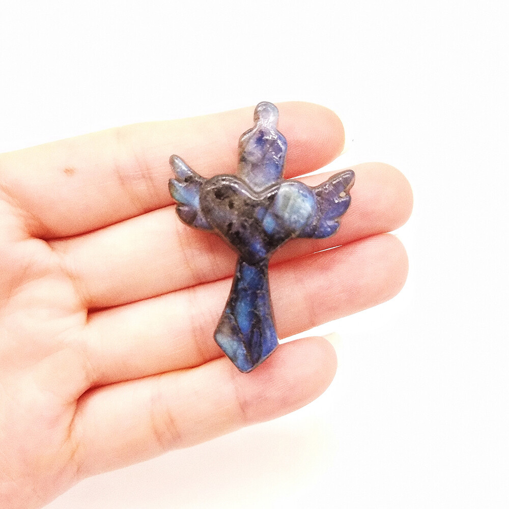 Natural Labradorite Crystal Hand Carved Love Wings Cross Reiki Healing Gemstone