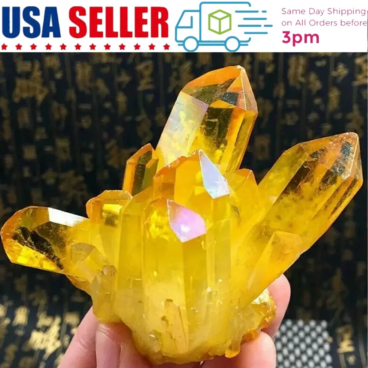 Natural Aura Yellow Citrine Crystal Titanium Cluster Healing Mineral Specimen US