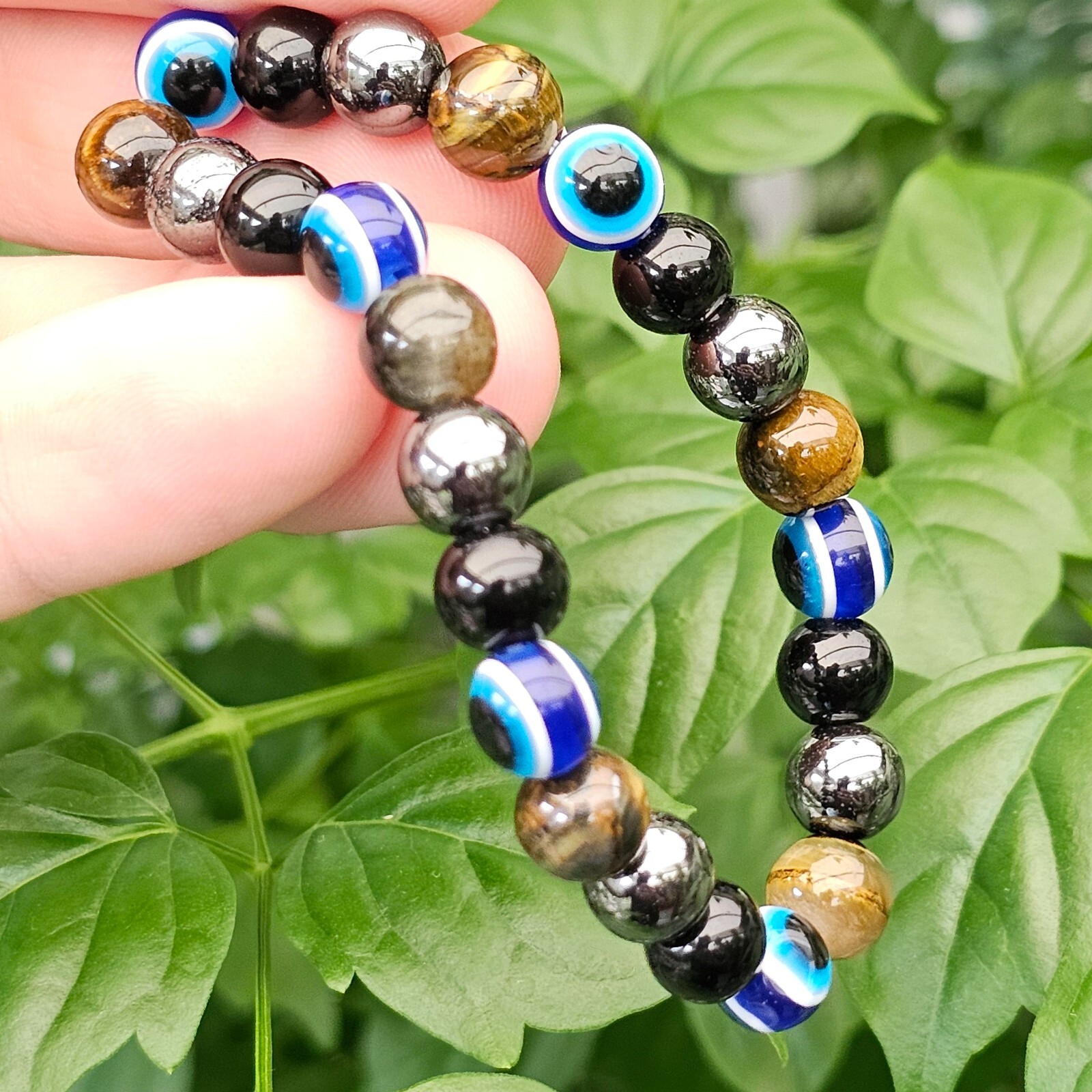 Evil Eye Protection Bracelet Hematite Obsidian Tigers Eye Gemstone Jewellery