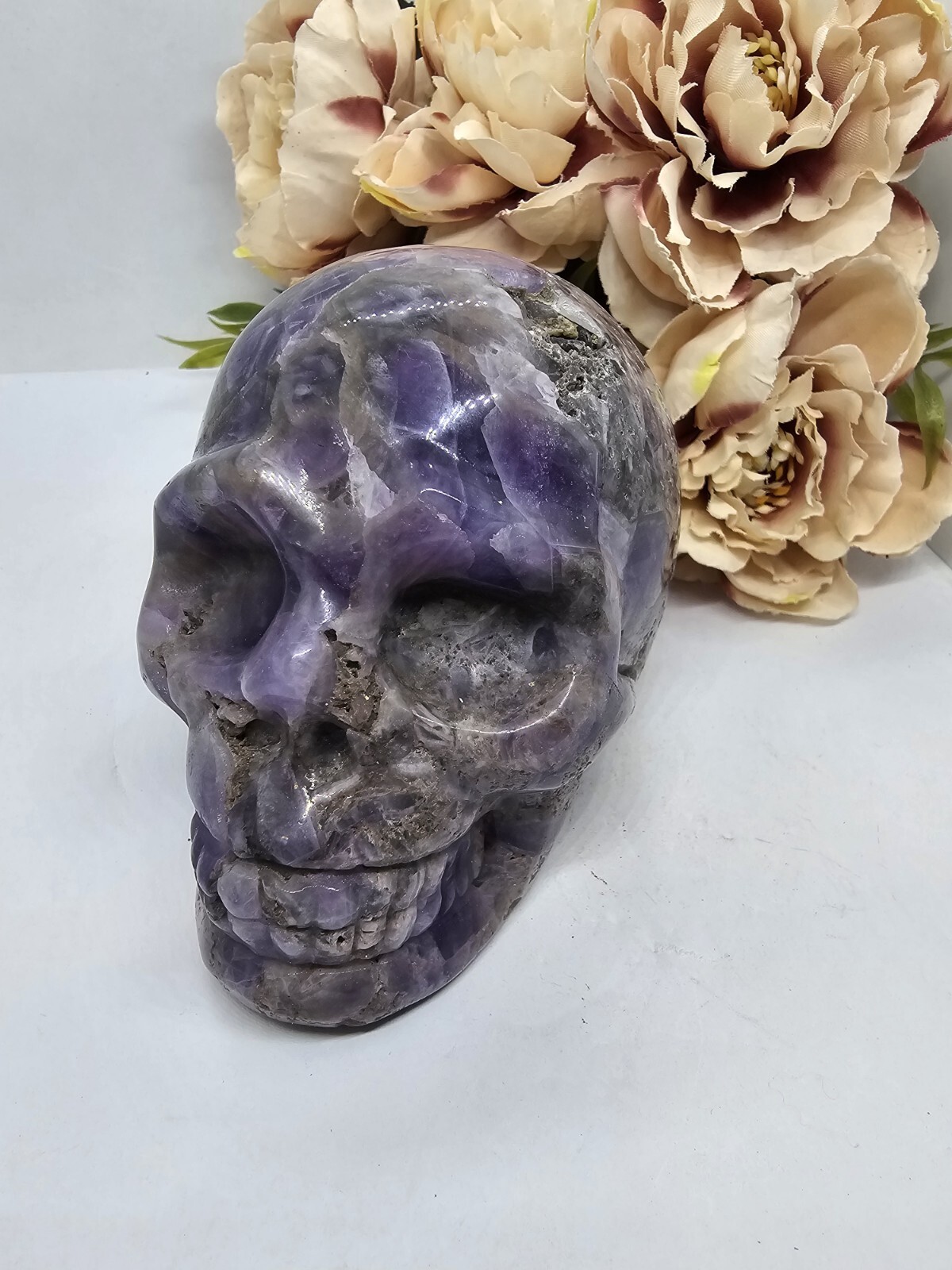 Large Chevron Dream Amethyst Skull carving crystal purple 734g 9x7x6cm