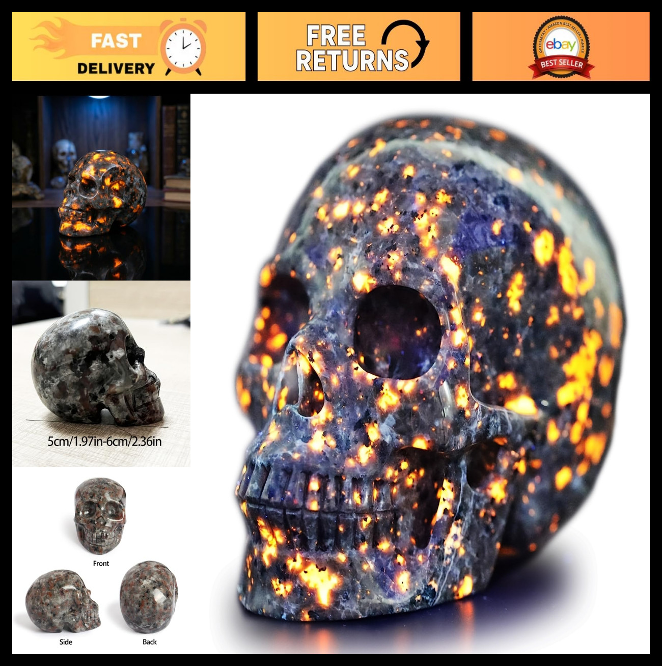 Natural Yooperlite Stone Skull Sculpture 2″ UV-Reactive Quartz Halloween Decor,