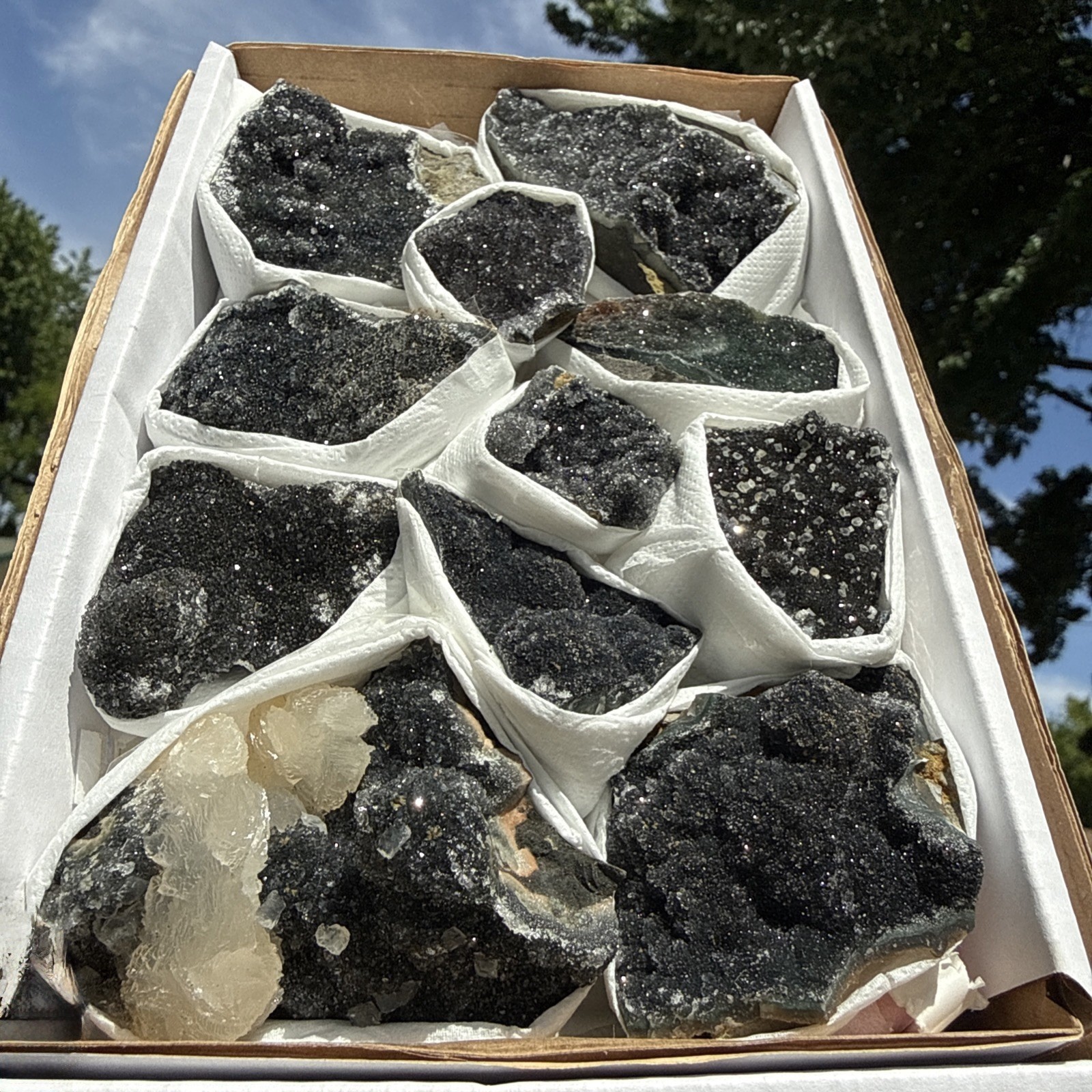 Natural Black Amethyst Zeolite With Calcite Flat! Whole Box! Crystals! Specimen!