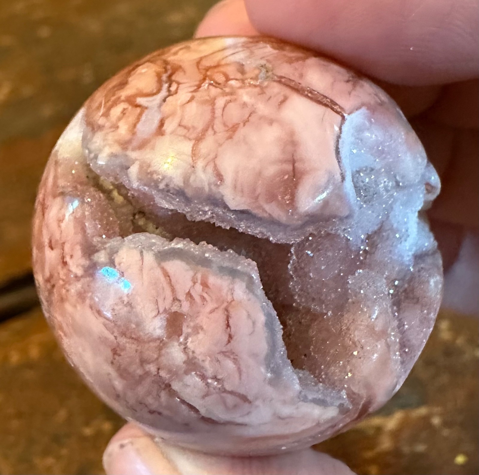 Two pink amethyst druzy spheres and “earth mother” resin stand Free shipping