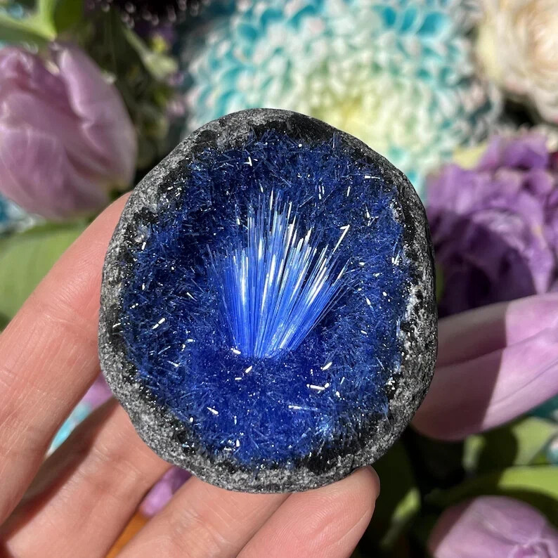Rare Blue Copper Crystal Cluster Goethite Quartz Mineral Specimen Display Decor